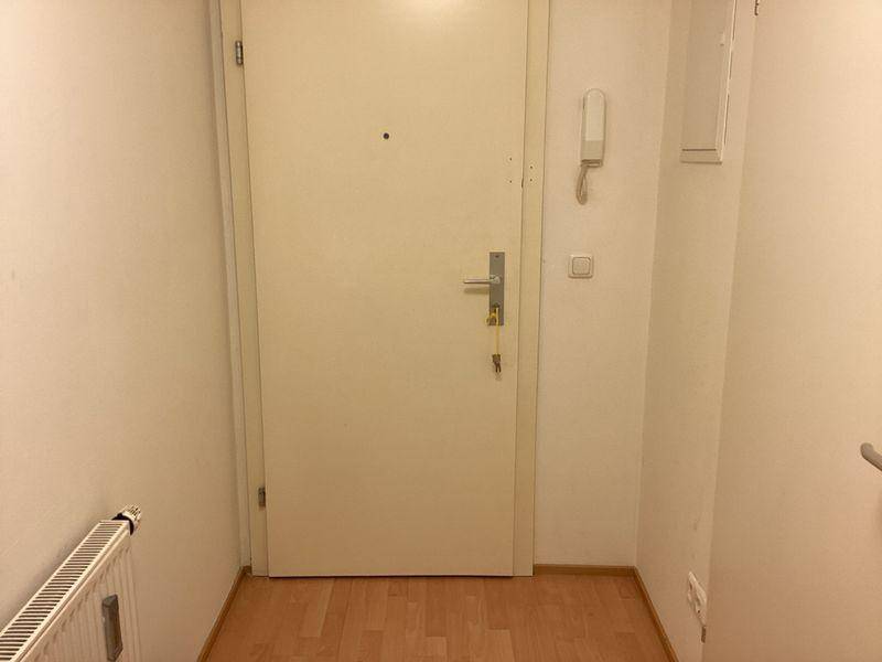 Heller Eingangsbereich mit weißer Tür, Gegensprechanlage und hellem Laminatboden.