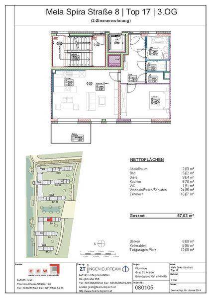 Grundriss einer 2-Zimmer-Wohnung im 3. Obergeschoss mit Balkon und Kellerabteil.