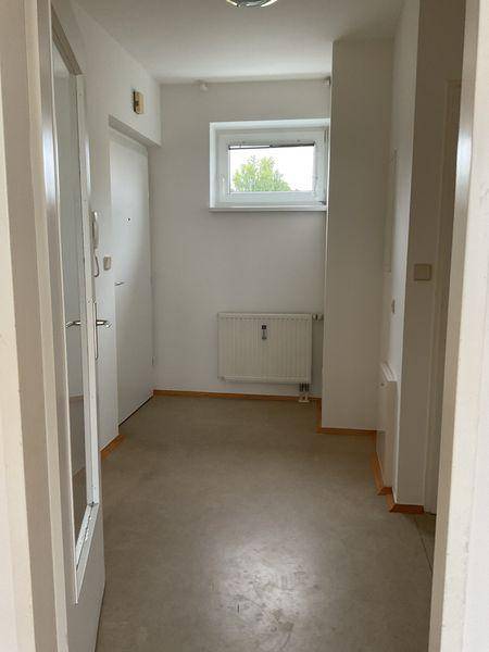 Eingangsbereich mit Fenster, Heizkörper und schlichtem Vinylboden.