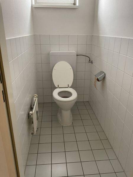 Kleines Gäste-WC mit weißen Fliesen und Standard-Toilette.