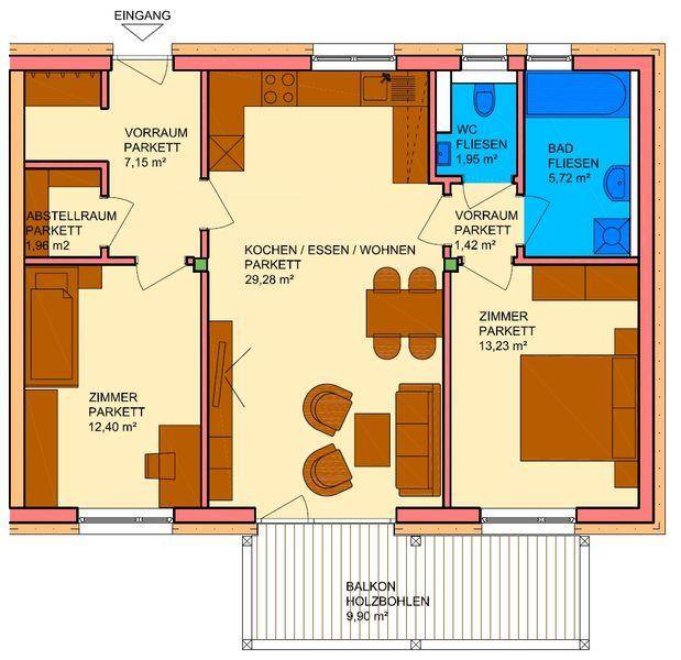 Grundriss einer Wohnung mit offenem Wohn-Essbereich, zwei Schlafzimmern, Bad, WC und Balkon.