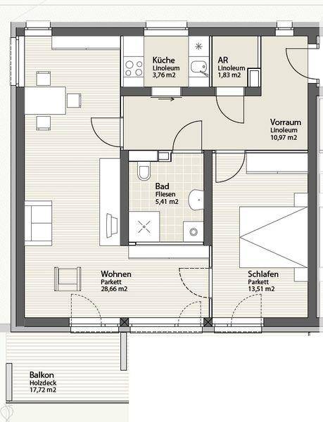 Grundriss einer Wohnung mit Küche, Bad, Schlafzimmer, Wohnzimmer und einem großzügigen Balkon.