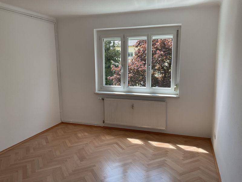 Heller Raum mit Fischgrätparkett, großem Fenster und Heizkörper, Blick ins Grüne.