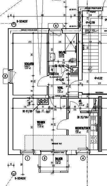 Grundriss einer Wohnung mit Schlafzimmer, offenem Wohn- und Essbereich sowie Balkon.