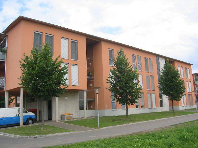 Moderne Fassade eines Wohngebäudes mit vielen Fenstern und Grünflächen, ansprechende Architektur.