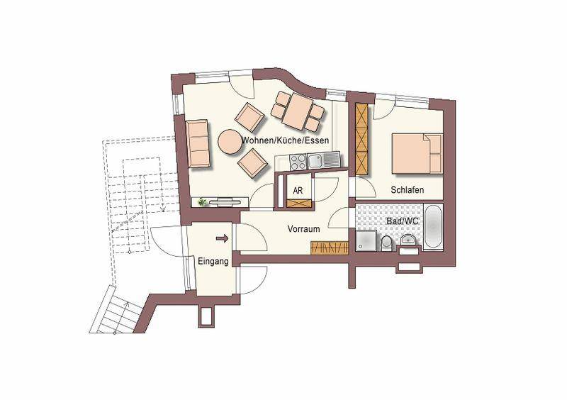 Detaillierter Grundriss einer Wohnung mit offenem Wohn-/Essbereich, Schlafzimmer und Bad.