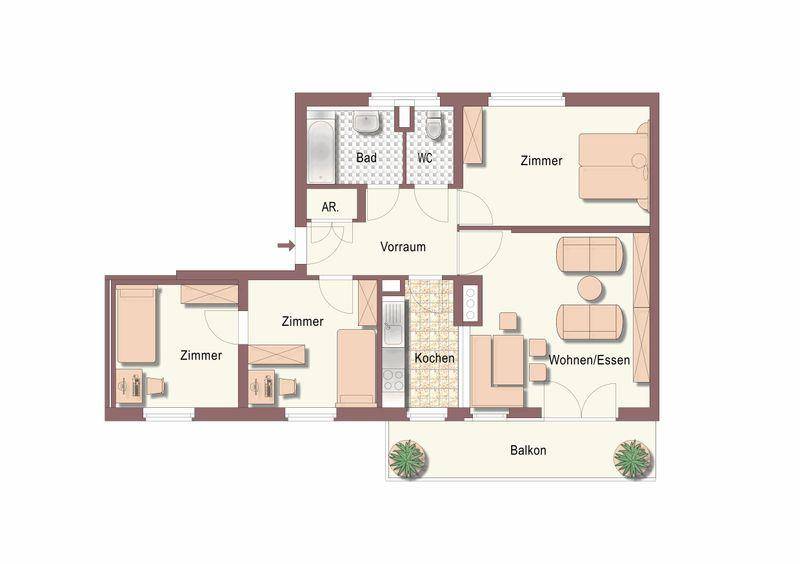 Grundriss einer Wohnung mit drei Zimmern, offenem Wohn-/Essbereich und Balkon.