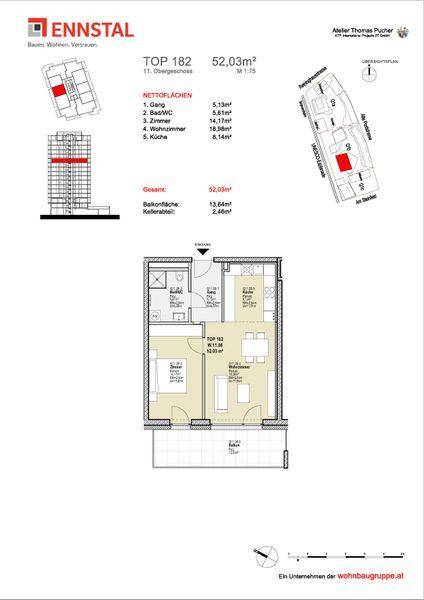 Detaillierter Grundriss einer 52,03m² Wohnung mit Balkon und klarer Raumaufteilung.