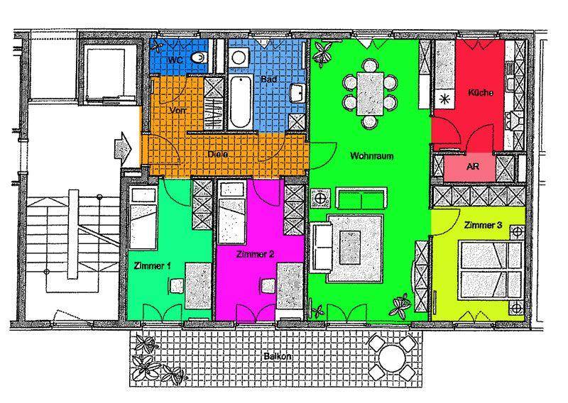 Detaillierter Grundriss einer Wohnung mit mehreren Zimmern, Wohnraum, Küche und Balkon.