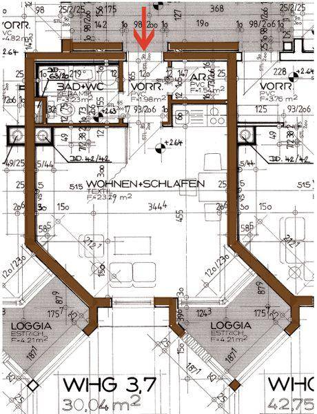 Detaillierter Grundriss einer Wohnung mit Wohn-/Schlafbereich, Bad und Loggien.