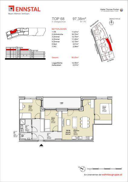 Grundriss für TOP 68 im 5. Obergeschoss mit offenem Wohnbereich, Loggia und separatem Kellerabteil.