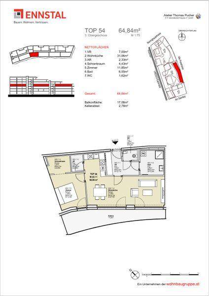 Grundriss einer Wohnung im 3. Obergeschoss mit offenem Wohnbereich, Balkon und separatem Schrankraum.