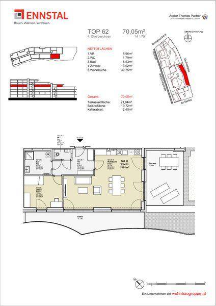 Grundriss einer Wohnung mit offenem Wohnbereich, Balkon und separatem WC.