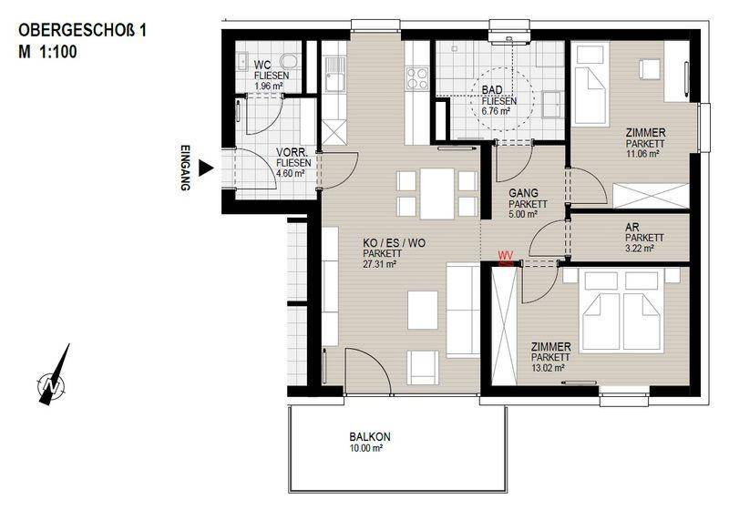 Grundriss einer Wohnung im Obergeschoss mit offenem Wohnbereich, zwei Schlafzimmern und einem Balkon.
