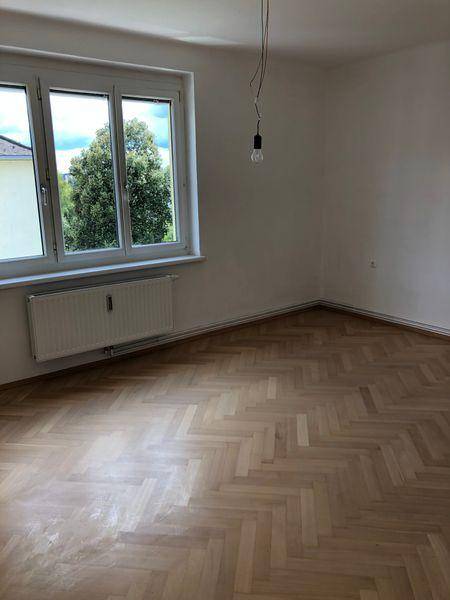 Helles Zimmer mit großem Fenster und Blick ins Grüne, ausgestattet mit Heizkörper.