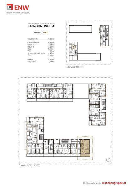 Übersichtsplan eines Wohnkomplexes mit verschiedenen Apartmentgrundrissen und Flächenangaben.