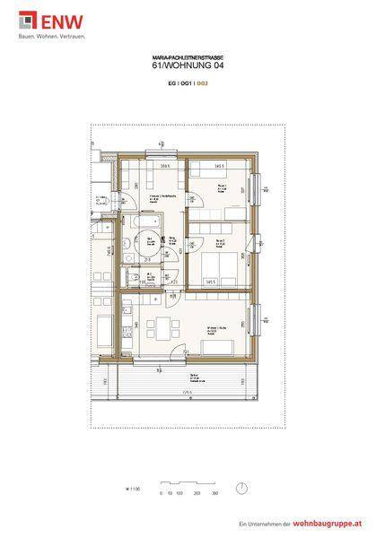 Detaillierter Grundriss einer modernen Wohnung mit offenem Wohnbereich und Balkon.