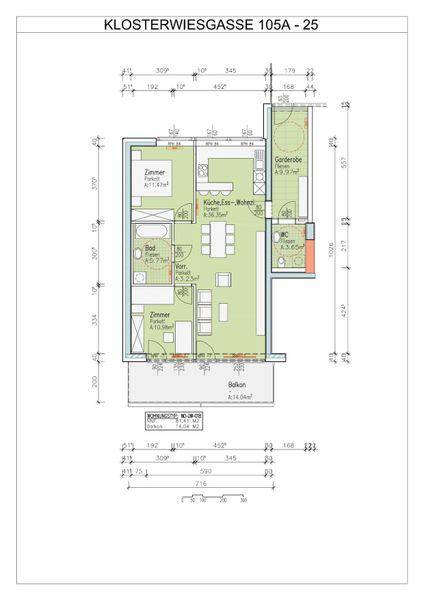 Grundriss einer Wohnung mit offenem Wohnbereich, zwei Zimmern und Balkon.