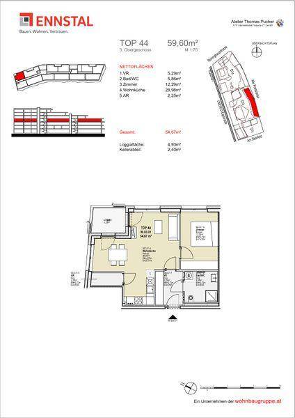 Grundriss einer Wohnung mit offenem Wohnbereich, separatem WC und Loggia.