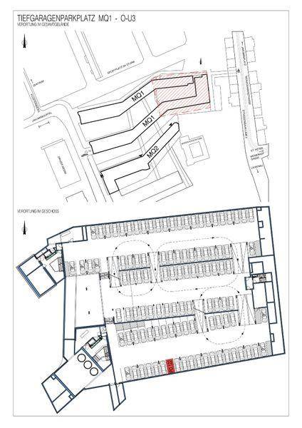 Grundriss der Tiefgarage mit zahlreichen Parkplätzen im Untergeschoss.
