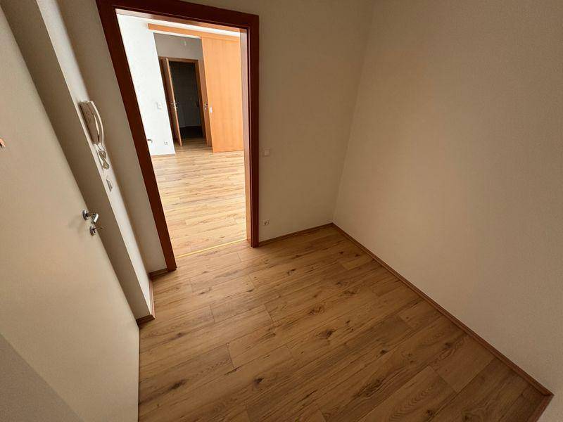 Heller Eingangsbereich mit Laminatboden und Blick in angrenzende, leere Räume.