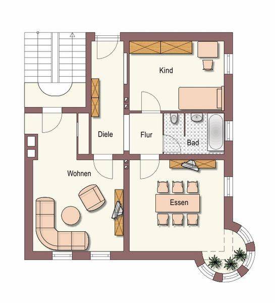 Detaillierter Grundriss einer Wohnung mit Wohn-, Ess- und Schlafbereichen.