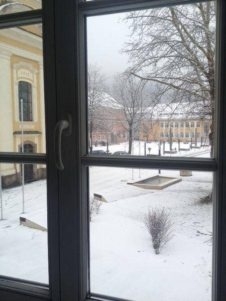 Blick aus dem Fenster auf einen verschneiten Innenhof mit Bäumen und Gebäuden.