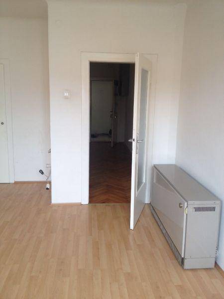 Heller Raum mit Laminatboden, einer Türöffnung und einem Heizkörper.