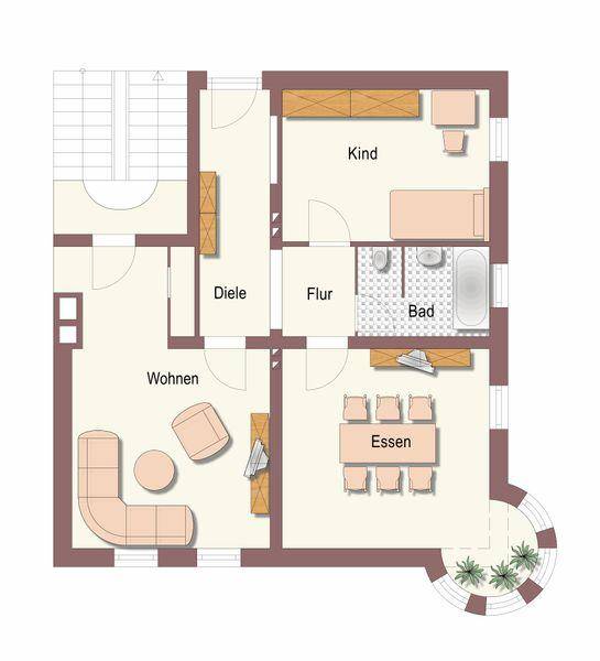 Detaillierter Grundriss einer Wohnung mit Wohn-, Ess- und Schlafbereichen.
