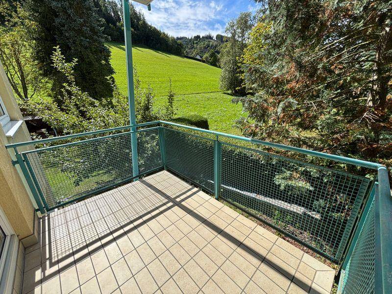 Balkon mit Fliesenboden und weitem Blick auf die grüne Landschaft und Bäume.