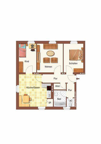 Grundriss einer Wohnung mit separatem Wohnzimmer, Wohnküche, Schlafzimmer, Kinderzimmer und Balkon.