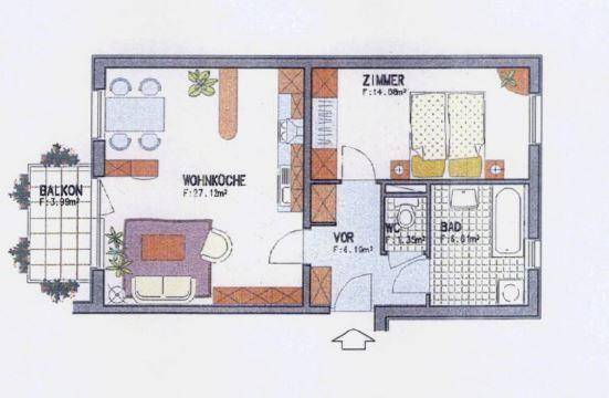 Grundriss einer Wohnung mit offener Wohnküche, Schlafzimmer, Bad und Balkon.