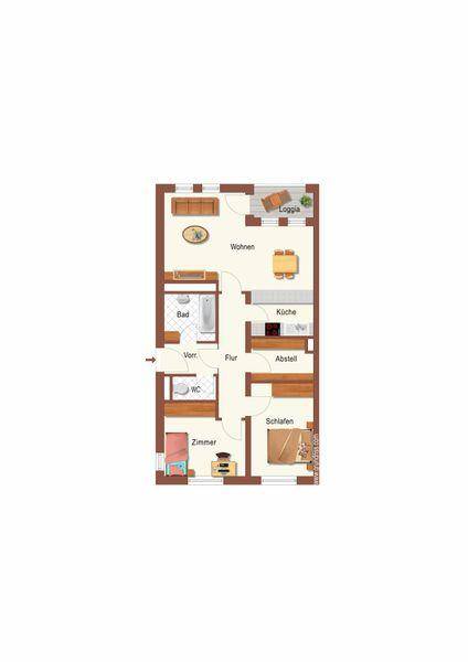 Grundriss einer Wohnung mit Wohnzimmer, Küche, Bad, WC und zwei Schlafzimmern.