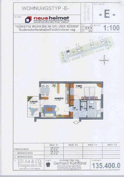 Grundriss einer Wohnung mit Terrasse, Wohnküche, Schlafzimmer und Bad.