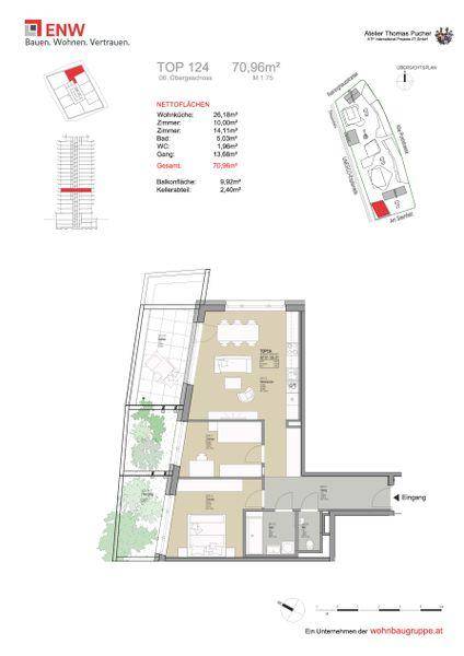 Grundriss einer Wohnung mit 70,96m² Wohnfläche, offenem Wohnbereich und großem Balkon.