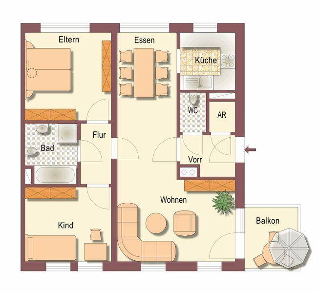 Grundriss einer Wohnung mit drei Zimmern, separater Küche, Bad, WC und Balkon.