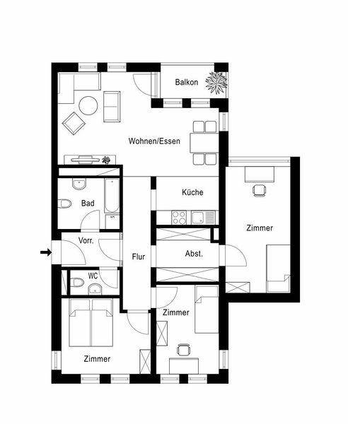Grundriss einer Wohnung mit offenem Wohn-/Essbereich, zwei Schlafzimmern und Balkon.