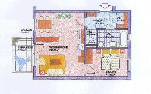Grundriss zeigt eine Wohnung mit Wohnküche, Bad, WC, Schlafzimmer, Balkon und Terrasse.