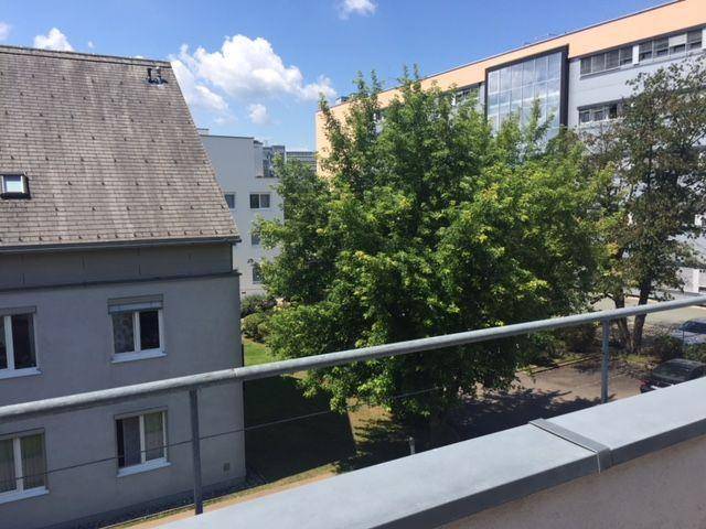 Blick von einem Balkon auf umliegende Gebäude und grüne Bäume unter blauem Himmel.