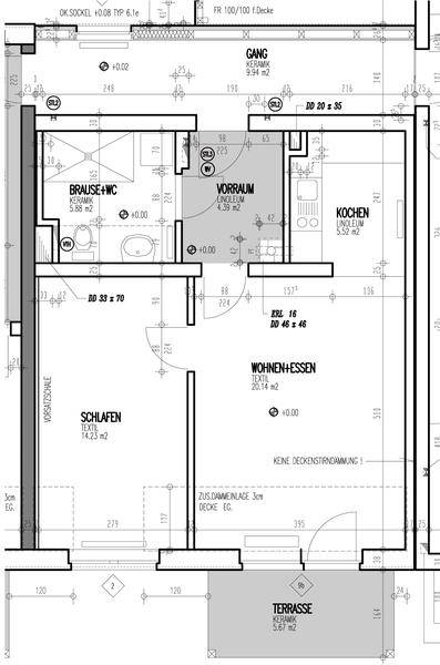 Grundriss einer Wohnung mit offenem Wohn-Essbereich, separater Küche, Schlafzimmer und Terrasse.