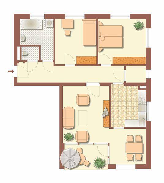 Grundriss einer Wohnung mit Schlafzimmer, Bad, offener Küche und Wohnbereich sowie Balkon.