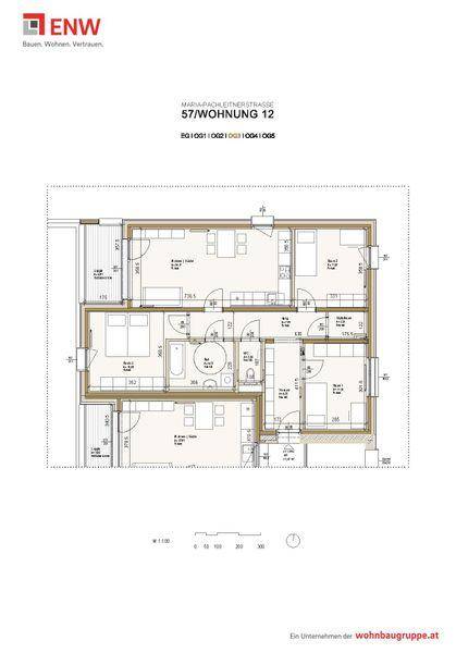 Detaillierter Grundriss der Wohnung 12 mit Raumaufteilung und Möblierungsvorschlägen.