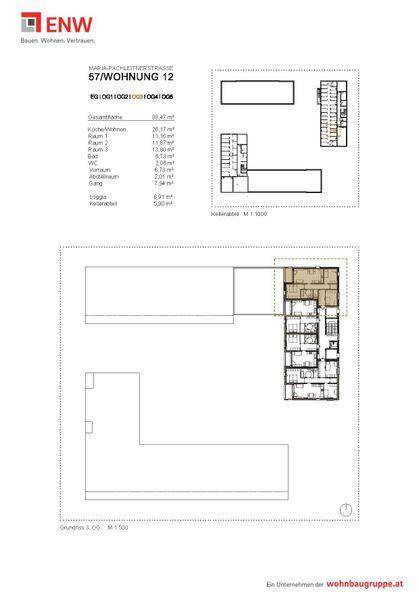 Übersichtlicher Grundriss der Wohnung 12 mit Flächenangaben und Lage im Gebäude.