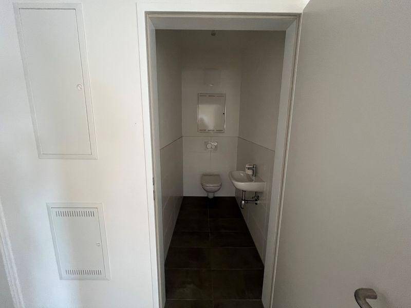 Modernes Gäste-WC mit dunklen Fliesen, weißer Wandverkleidung, Toilette und kleinem Waschbecken.