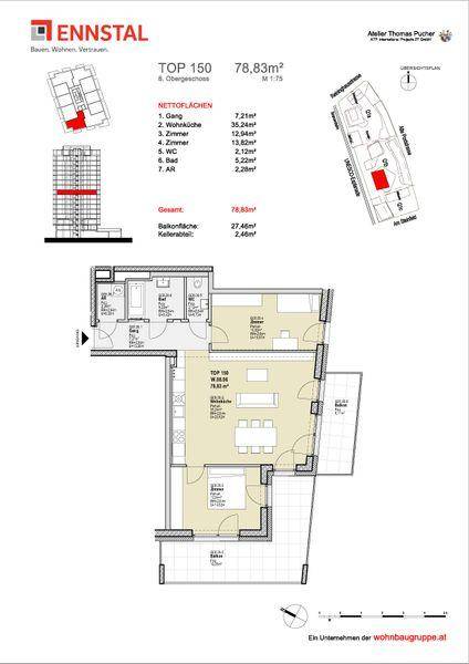 Detaillierter Grundriss der Wohnung Top 150 mit Raumaufteilung und Flächenangaben.