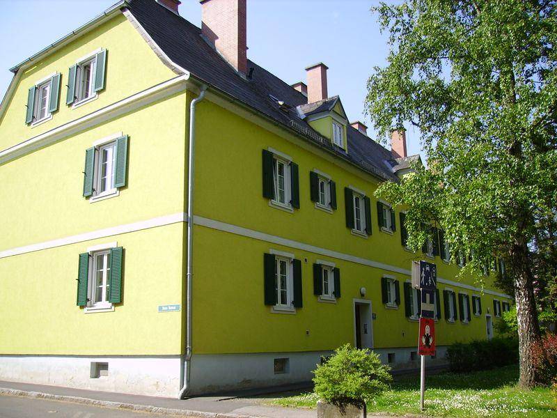 Ansicht eines gelben Wohnhauses mit grünen Fensterläden, Satteldach und umgebender Vegetation.