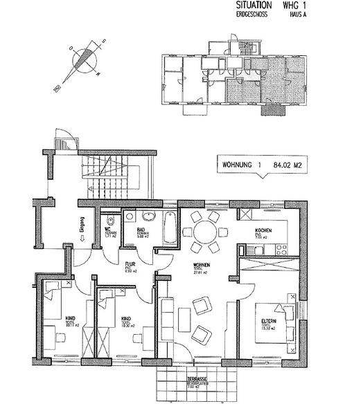 Grundriss der Wohnung WHG 1 mit 84.02 m², drei Schlafzimmern, Bad, separatem WC und Terrasse.