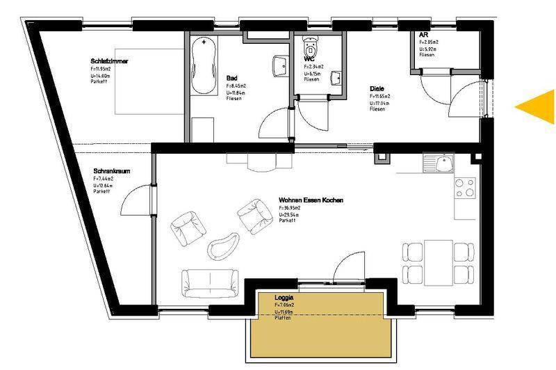 Grundriss einer Wohnung mit offenem Wohn-Ess-Kochbereich, Schlafzimmer, Loggia und separatem WC.