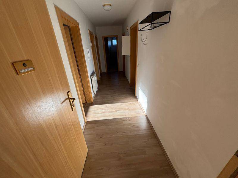 Heller Flur mit Laminatboden und Holztüren, der zu weiteren Räumen führt.