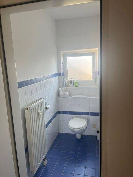 Gäste-WC mit Fenster, Wand-WC und blauen Akzentfliesen an den Wänden.
